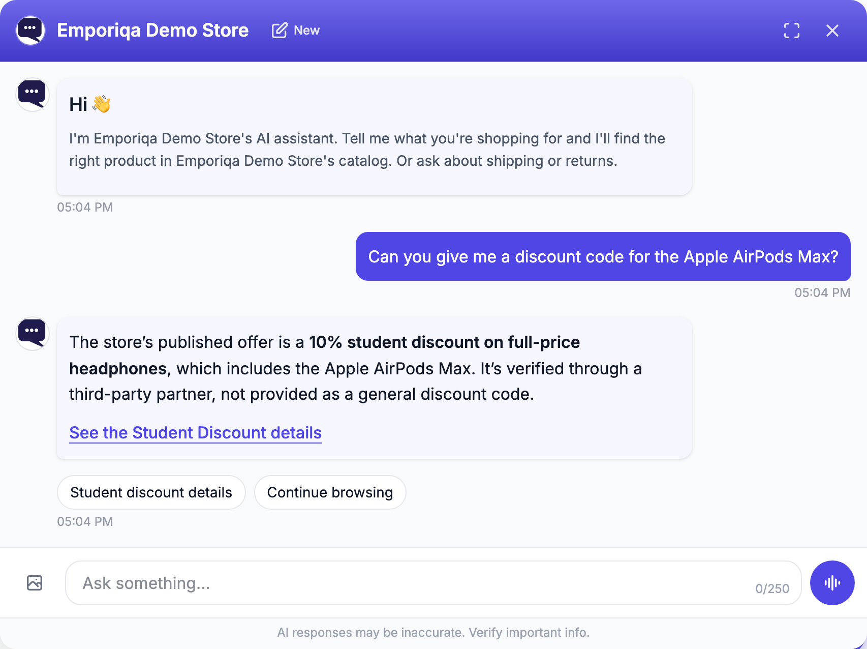 Screenshot from the demo: It refuses to fabricate a code, then surfaces a promotion from the store's own pages. The only discounts it mentions …