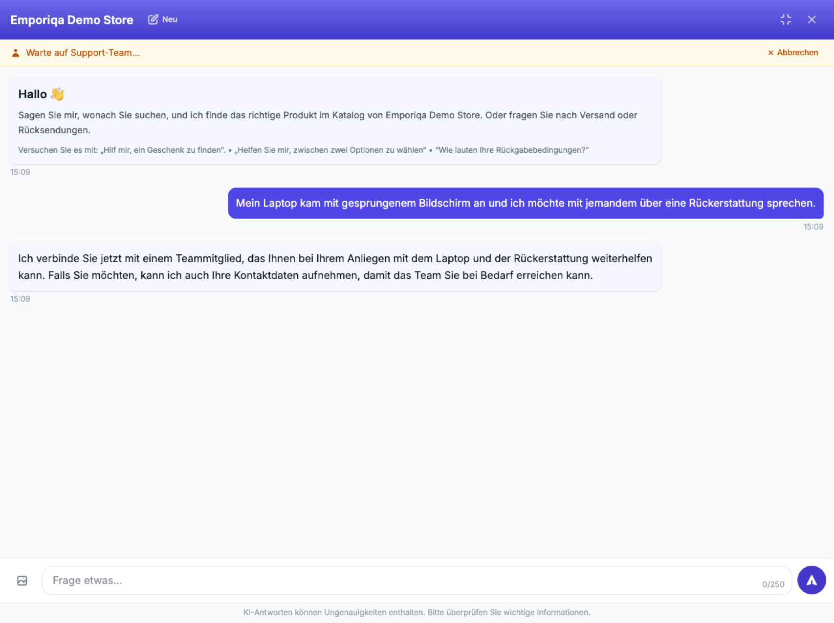 Screenshot aus der Demo: Eine Rückerstattung für ein beschädigtes Produkt geht über den Assistenten hinaus. Er übergibt mit dem vollen Kontext an einen Menschen, …