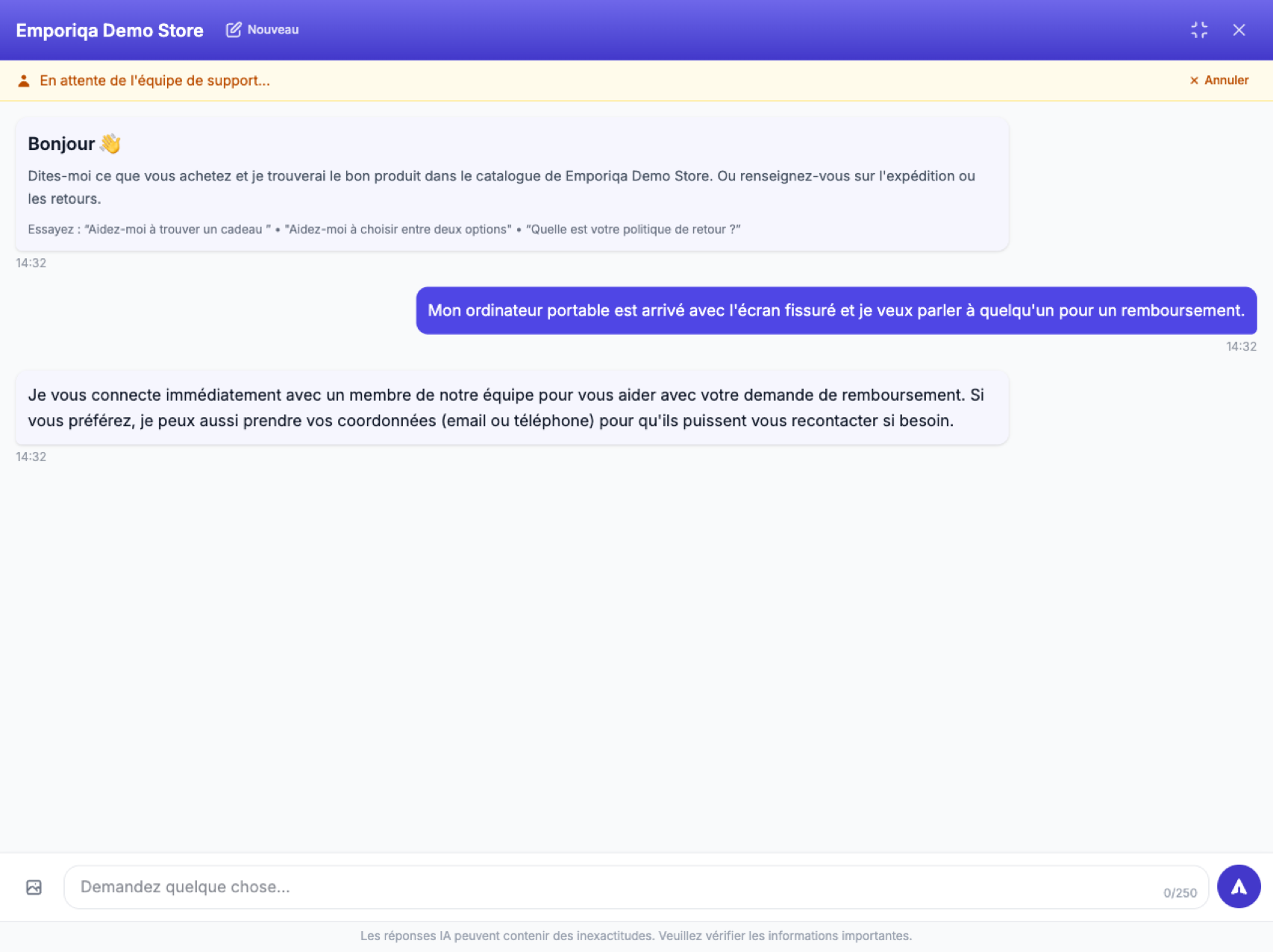 Capture d'écran de la démo: Un remboursement sur un produit endommagé dépasse l'assistant. Il transmet à un humain avec tout le contexte, plutôt que de …
