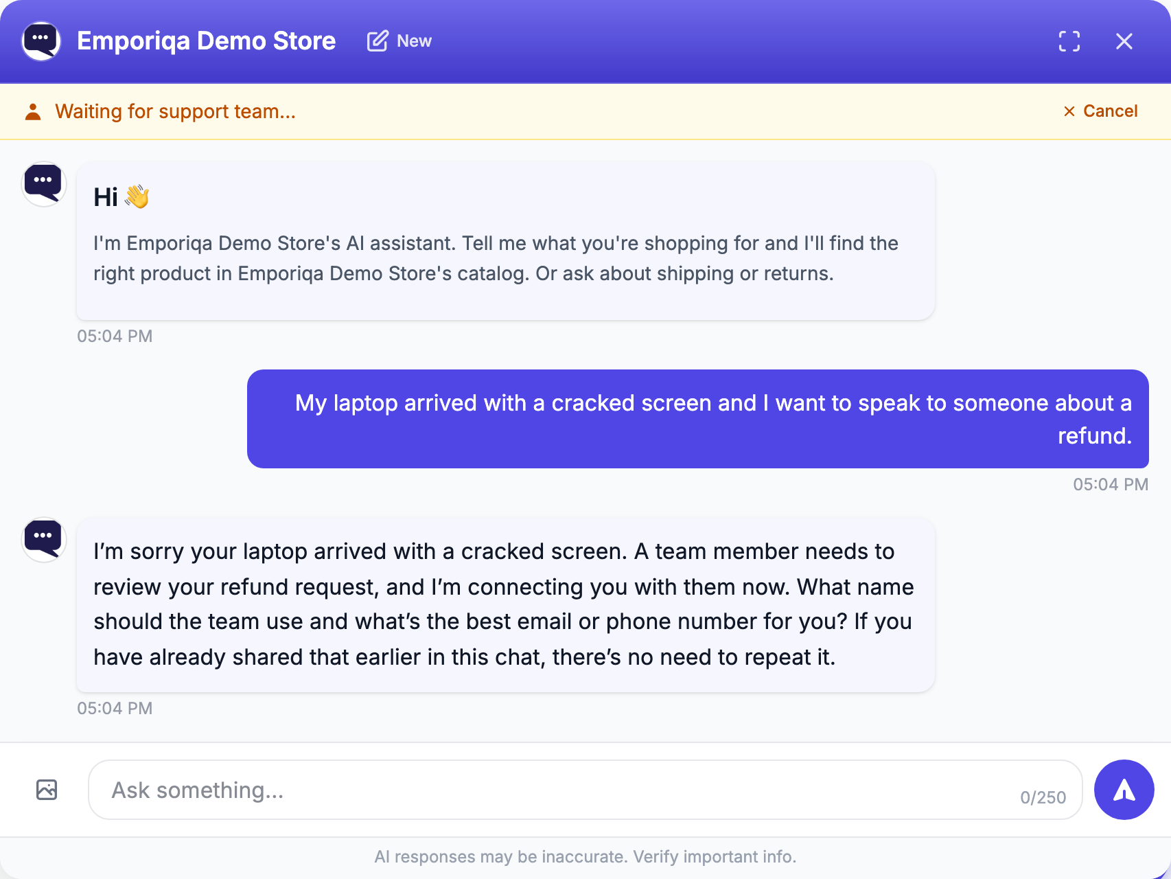 Screenshot from the demo: A refund on a damaged product belongs with a person. It brings one in with the whole conversation instead of …