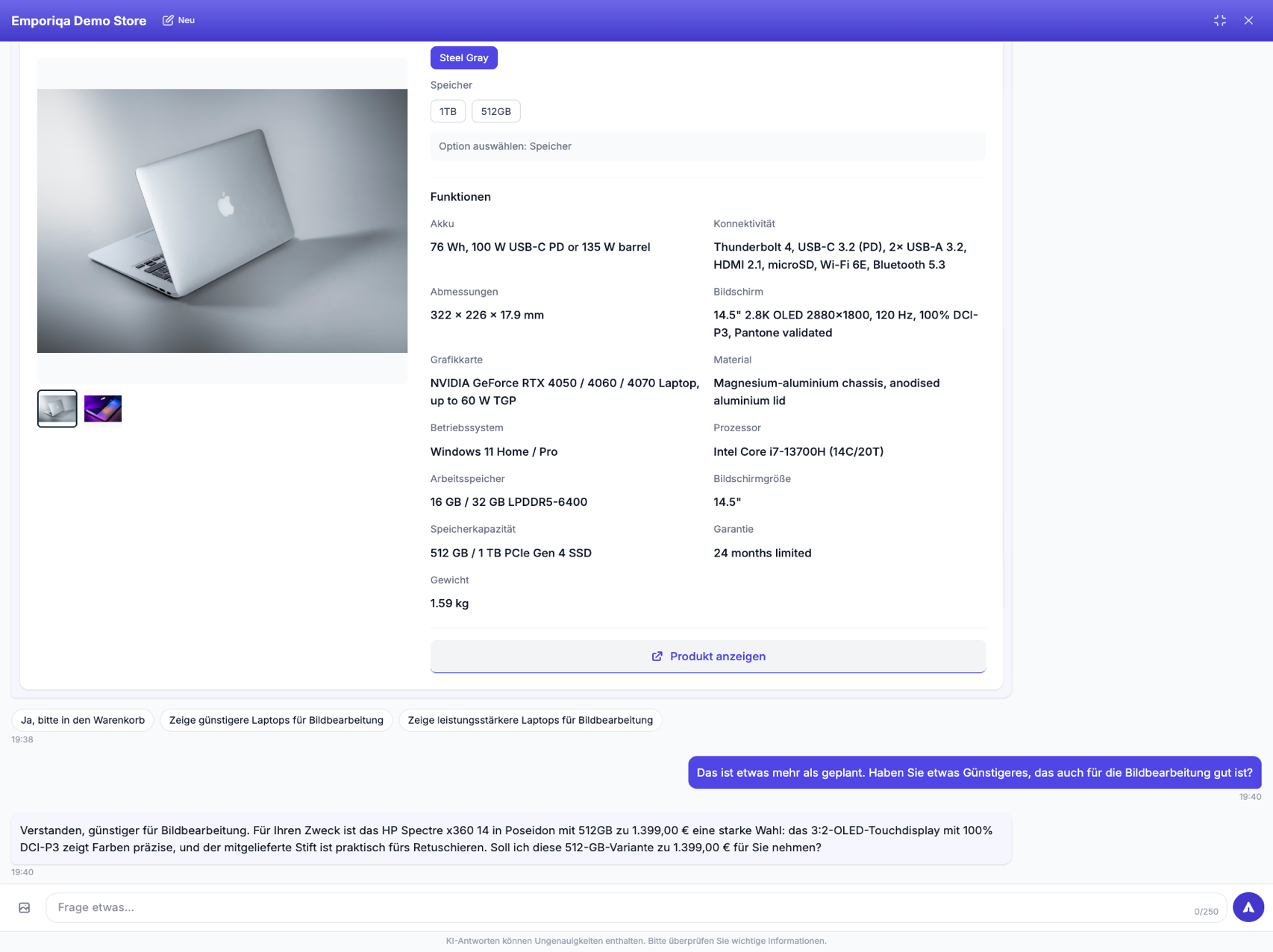 Screenshot aus der Demo: Er gibt nicht nach und erfindet keinen Rabatt. Er nennt die günstigere 512-GB-Variante mit ihrem exakten Preis und hält den …