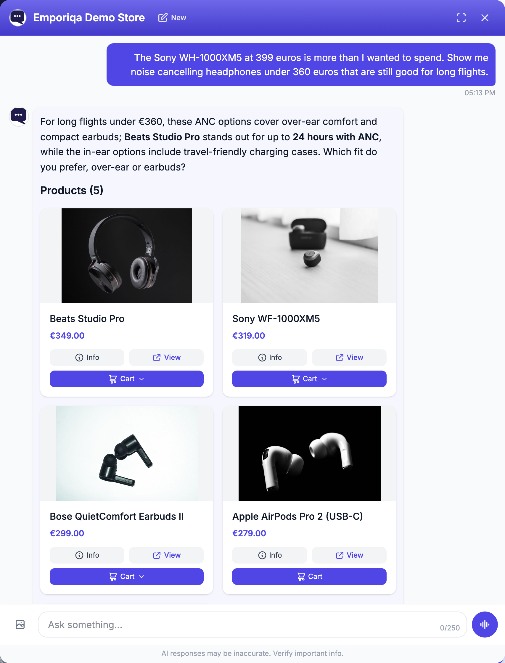 Screenshot from the demo: The shopper balks at the price. It keeps to what they need, long flights, shows cheaper headphones under the new …