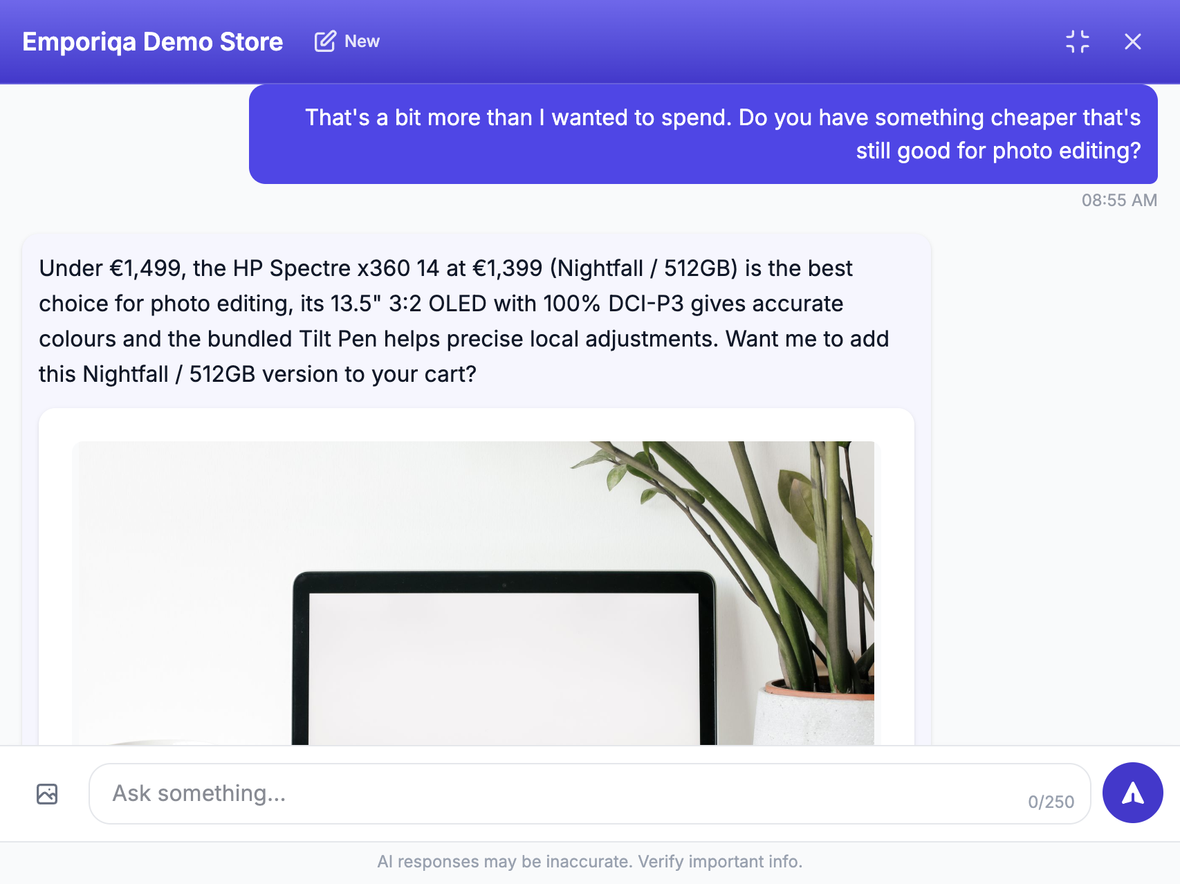 Screenshot from the demo: It does not cave or invent a discount. It offers a cheaper product that still fits, and keeps the sale …