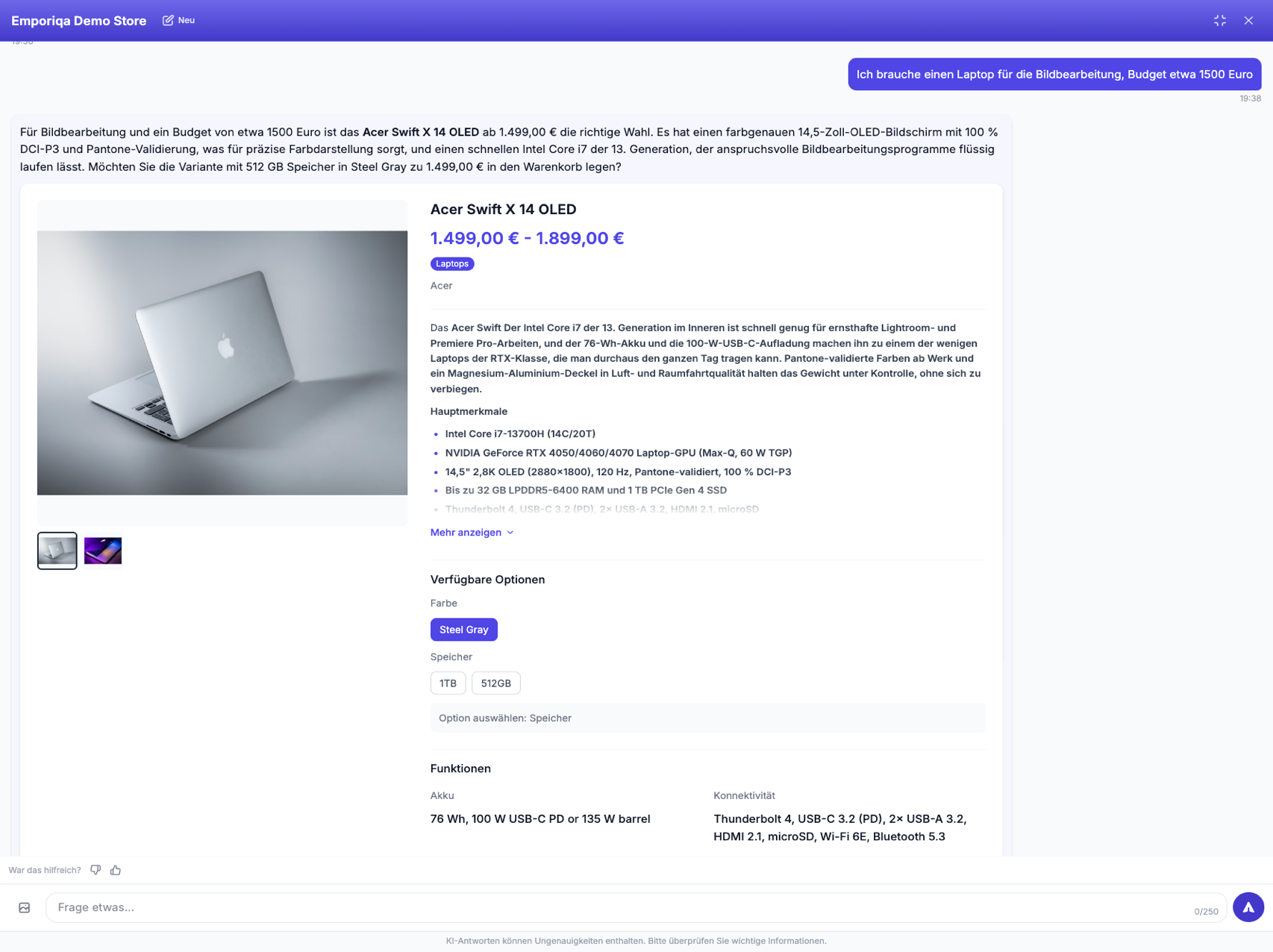 Screenshot aus der Demo: Ein konkretes Produkt aus dem Katalog, mit Gründen, die zur Frage des Kunden passen, und er führt zum Kauf.