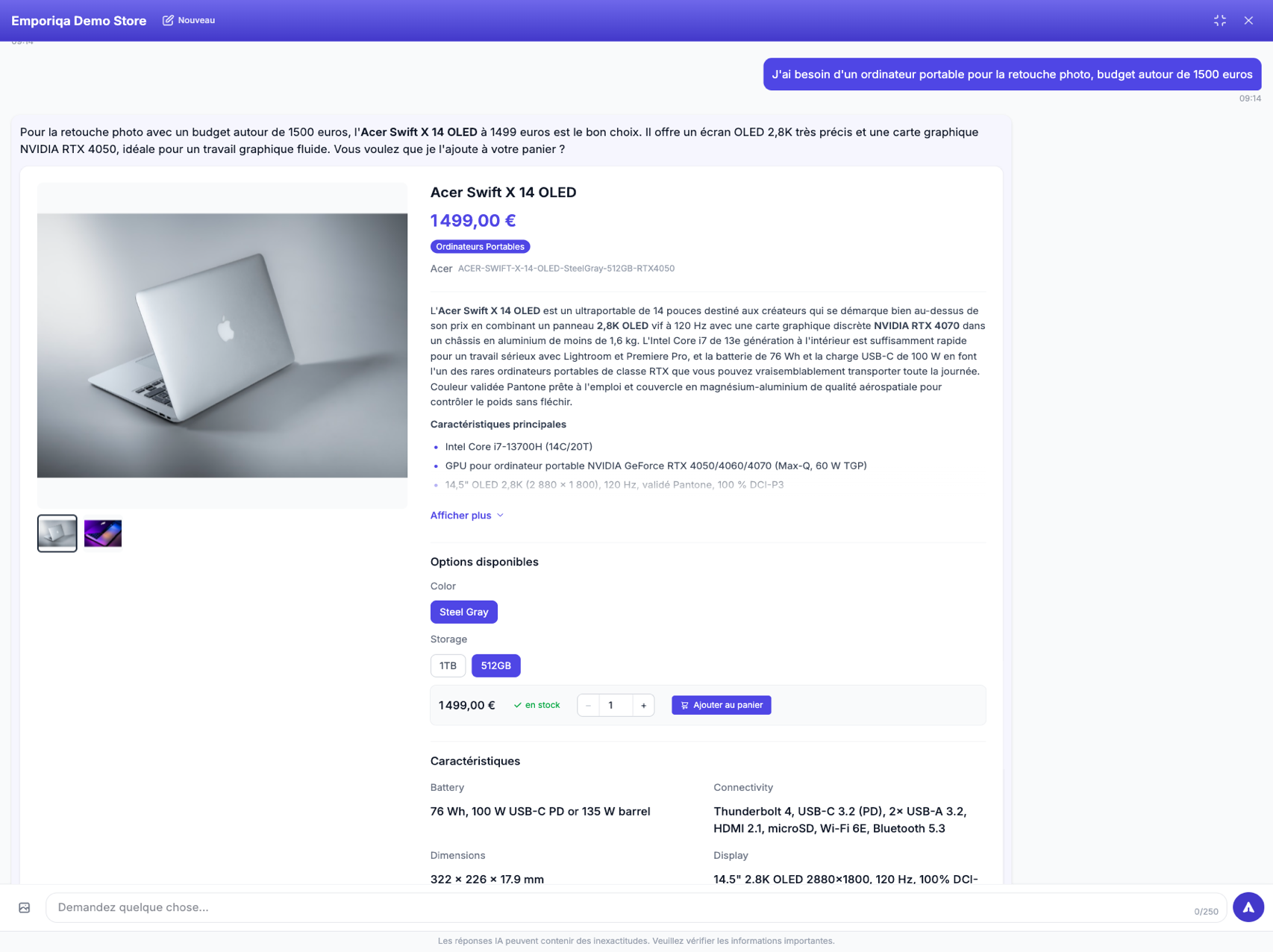 Capture d'écran de la démo: Un produit précis du catalogue, avec des raisons liées à ce que le client a demandé, et il avance vers …