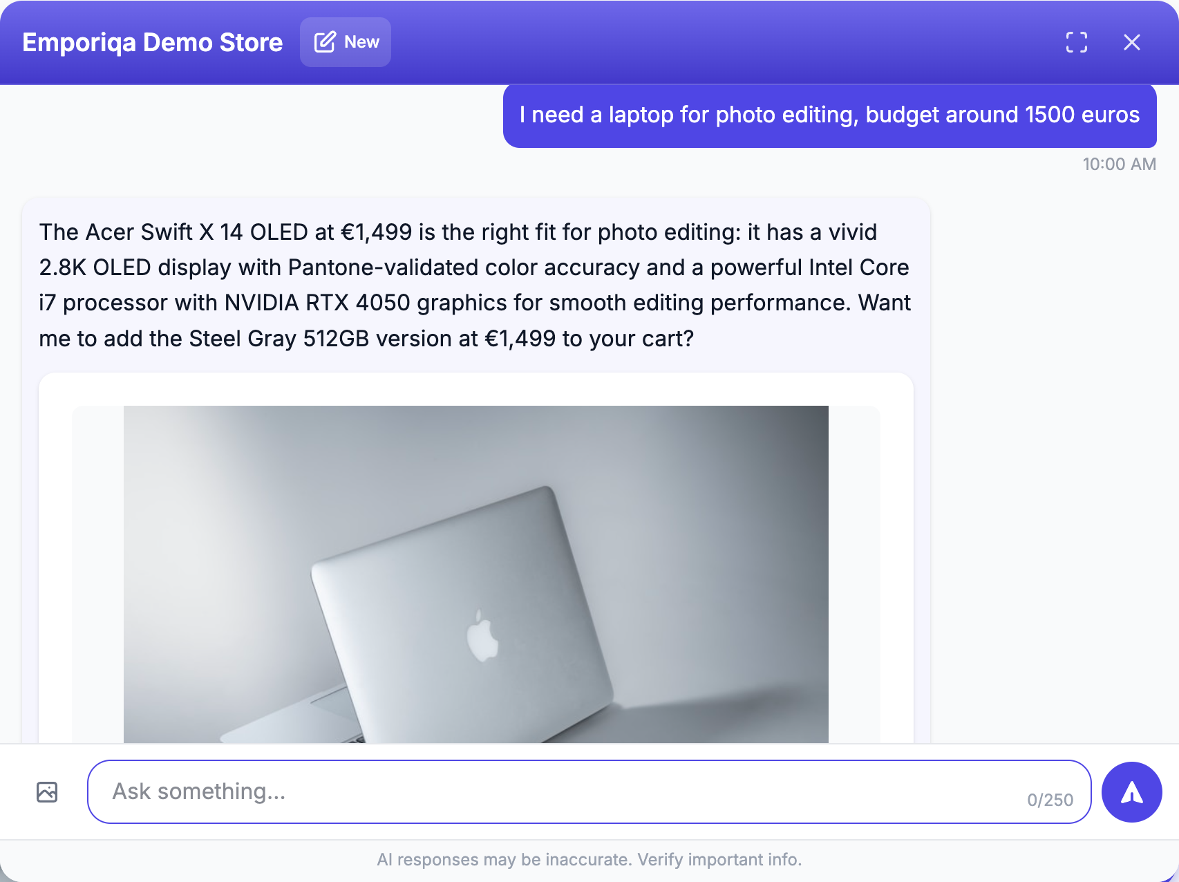 Screenshot from the demo: I need a laptop for photo editing, budget …