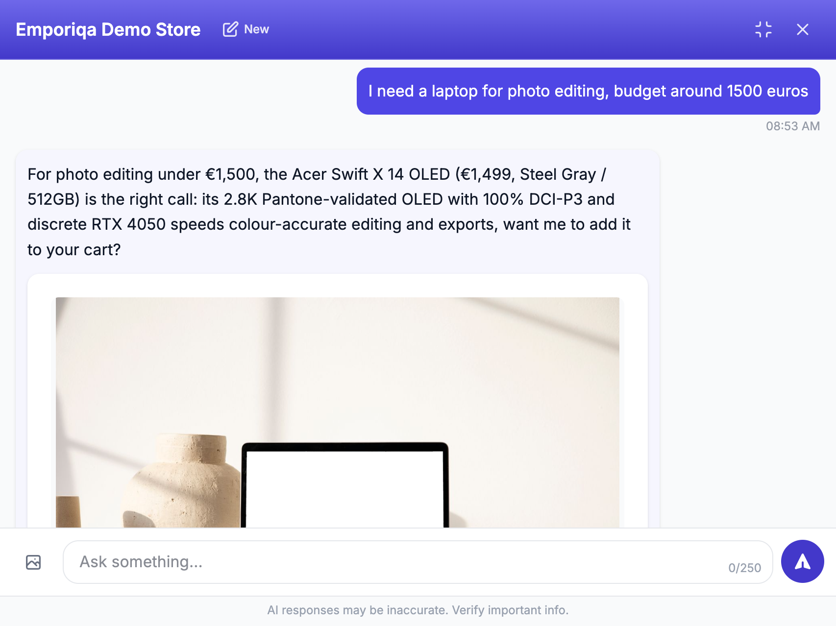 Screenshot from the demo: A specific product from the catalog, with reasons tied to what the shopper asked for, and it moves toward the …