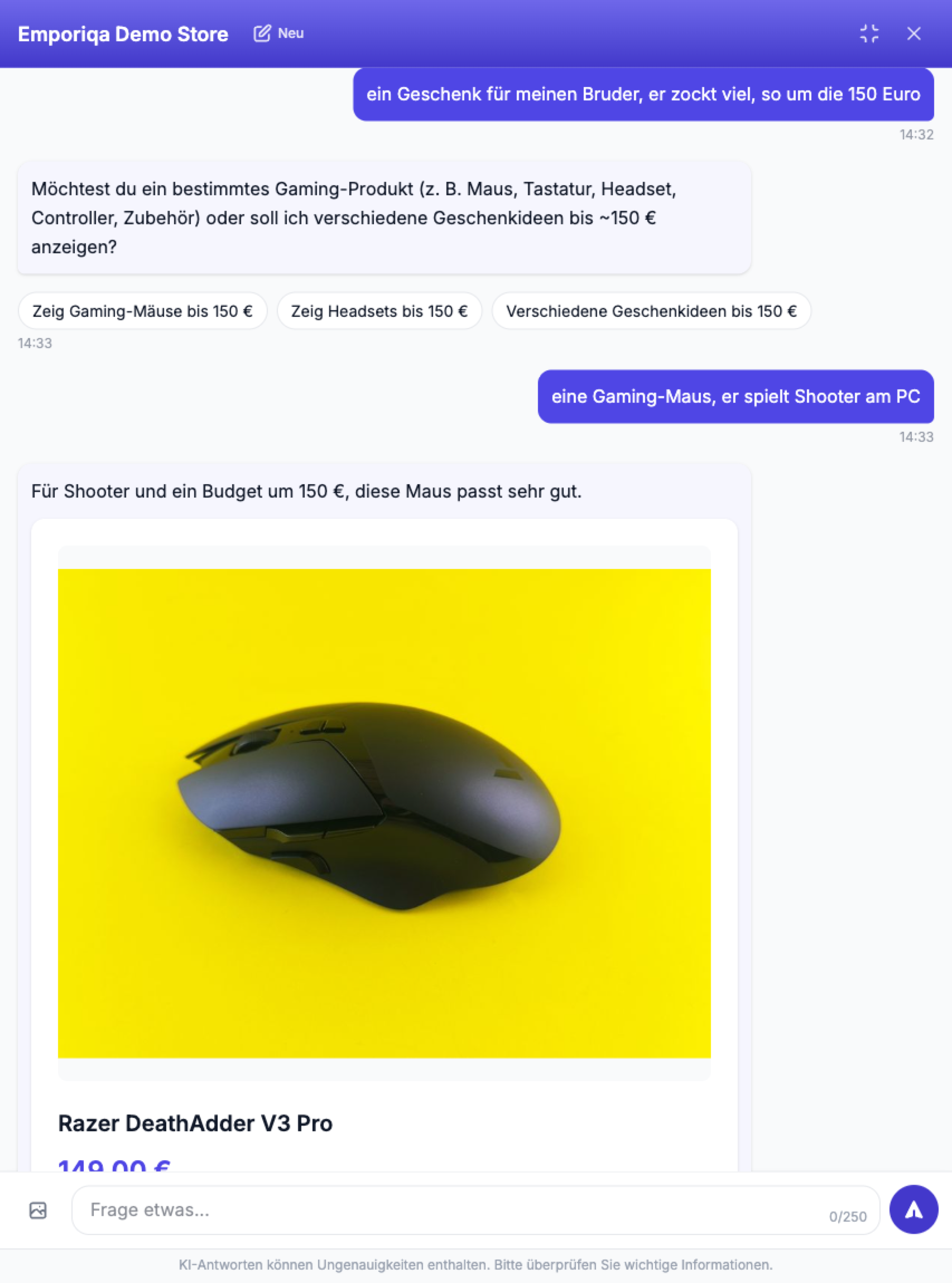 Screenshot aus der Demo: Eine vage Geschenkanfrage mit nur einem Budget. Er stellt eine einzige nützliche Frage, empfiehlt dann einen Treffer im Budget, der …