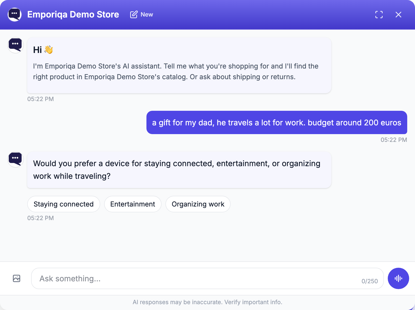 Screenshot from the demo: A gift brief with a budget and a single clue. Before it recommends anything, it asks one question that narrows …