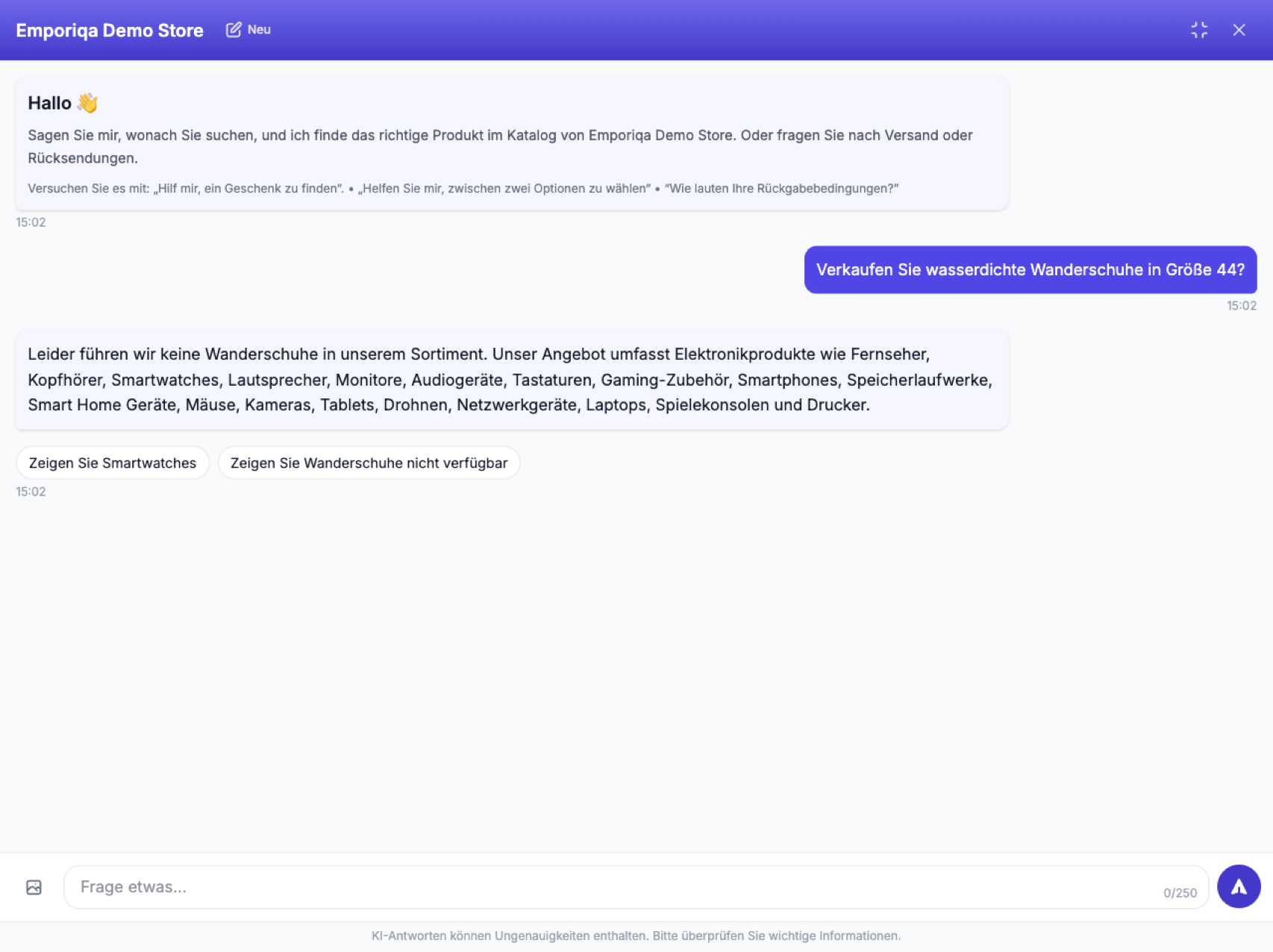 Screenshot aus der Demo: Er sagt klar, dass er den Artikel nicht führt, und erfindet nichts. Ein Chatbot, der vor Ihren Kunden Dinge erfindet, …