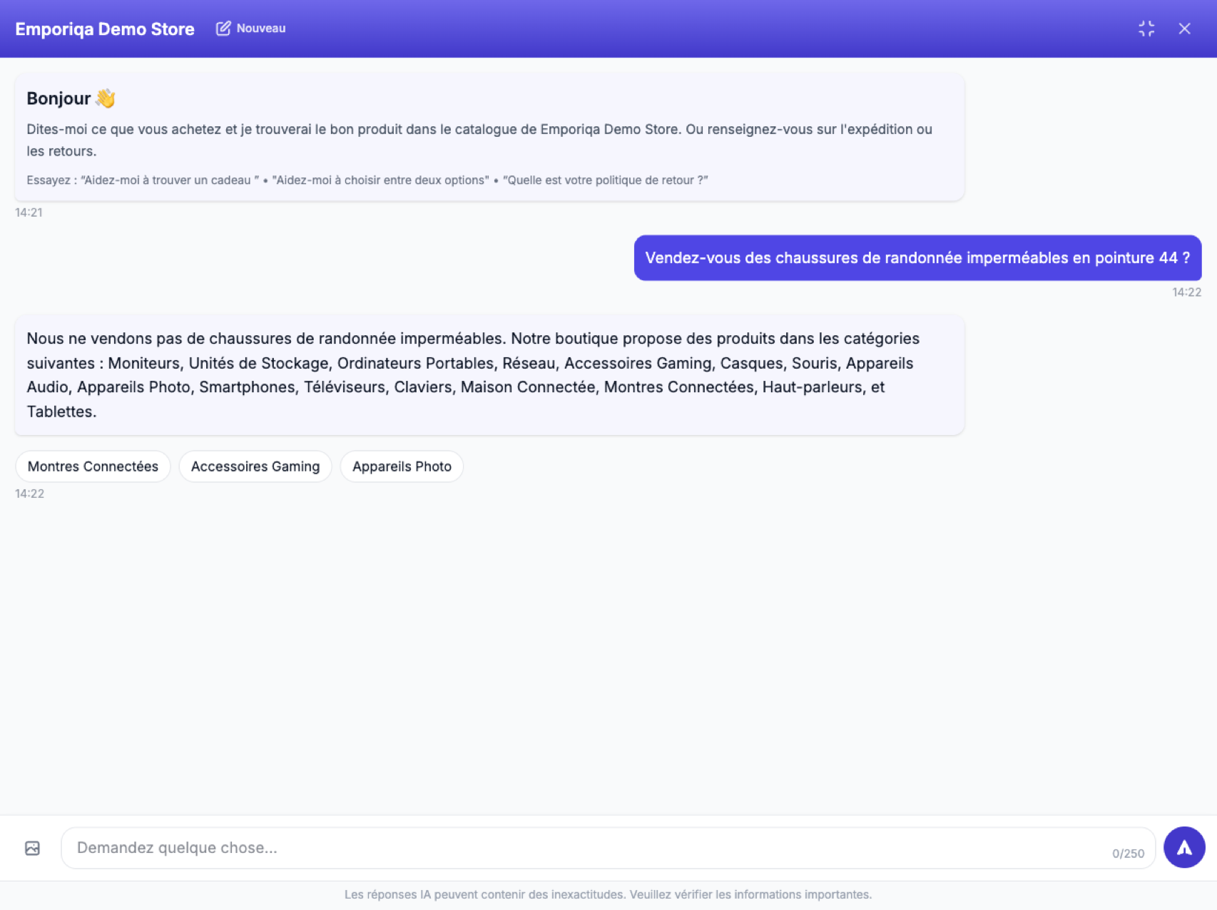 Capture d'écran de la démo: Il dit clairement qu'il n'a pas l'article et n'invente rien. Un chatbot qui invente des choses devant vos clients est …