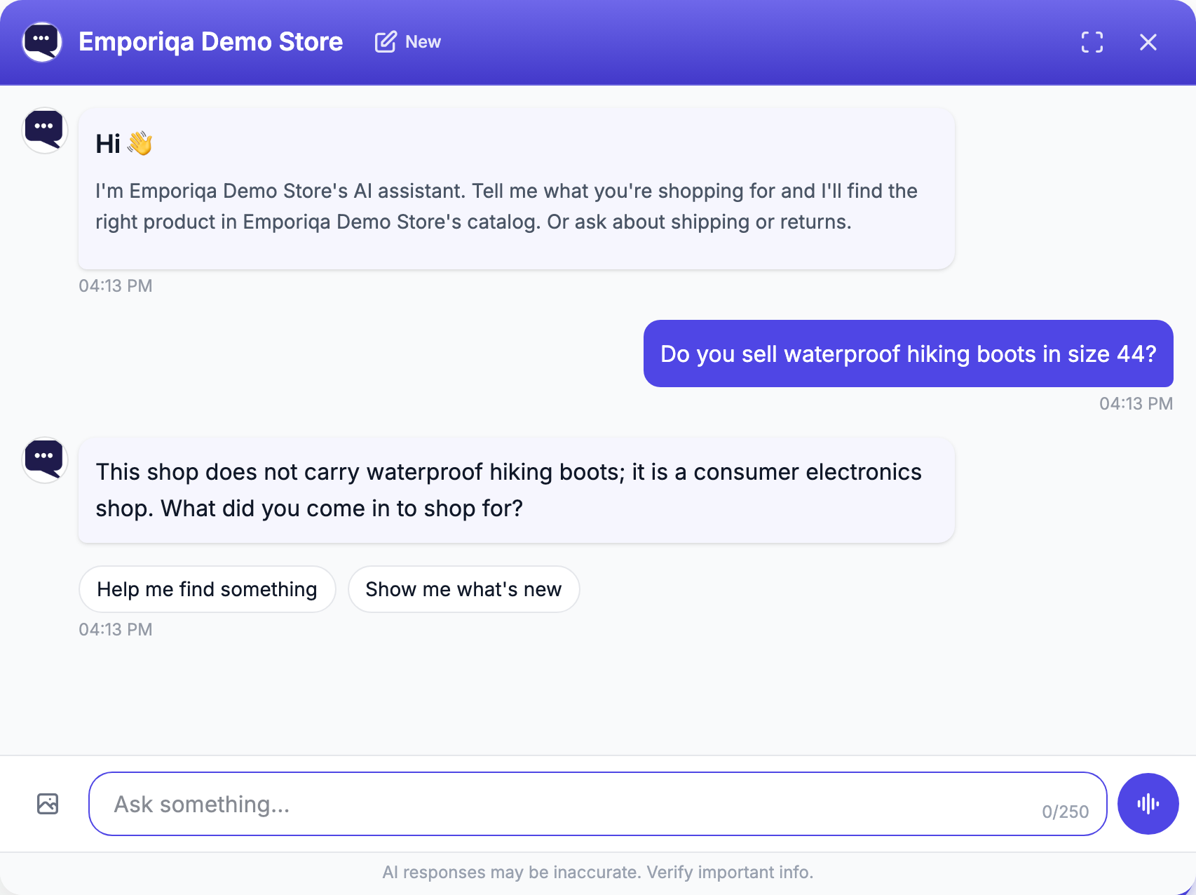 Screenshot from the demo: It plainly says it does not carry the item and invents nothing. A chatbot that makes things up in front …