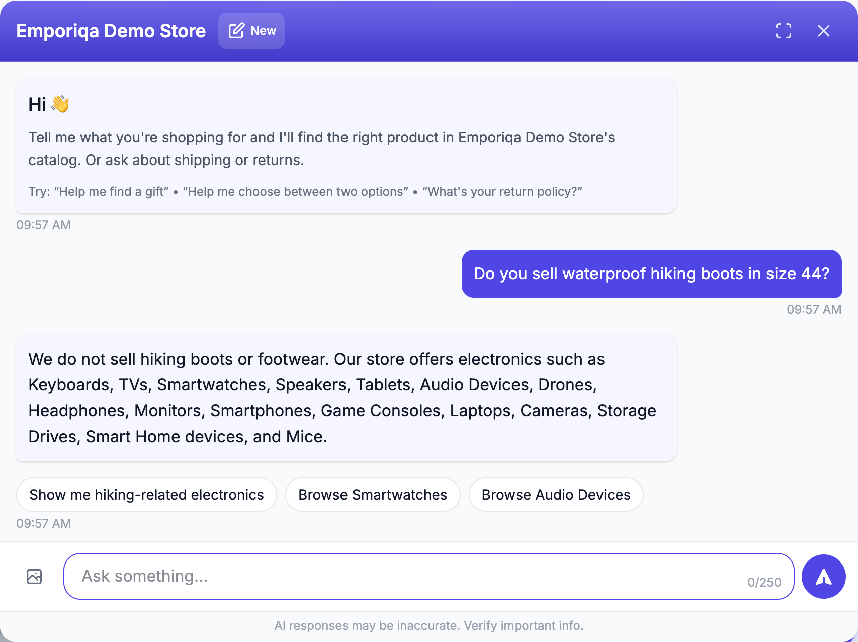 Screenshot from the demo: Do you sell waterproof hiking boots in size …