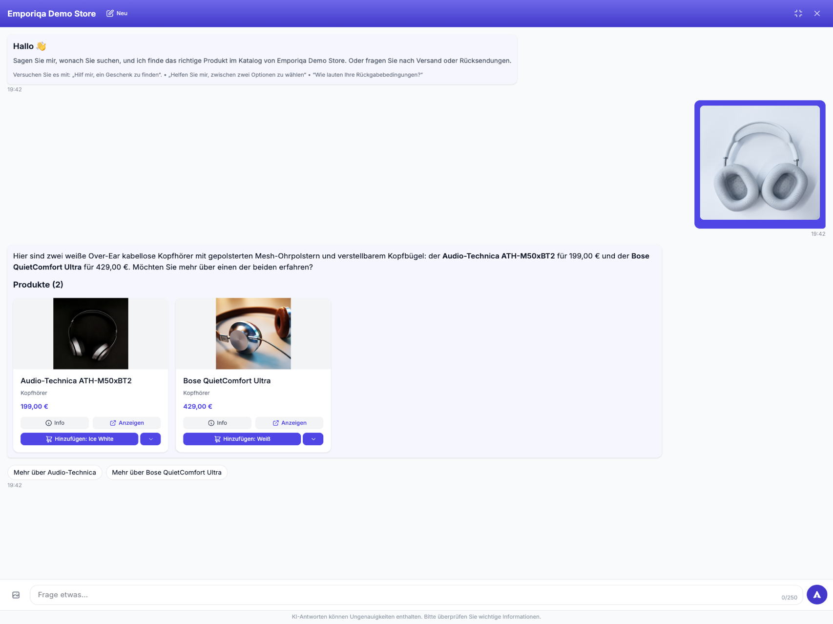 Screenshot aus der Demo: Aus einem Foto ohne Text findet er passende Over-Ear-Kopfhörer im Katalog und zeigt zwei Optionen mit Preisen. Laden Sie in …