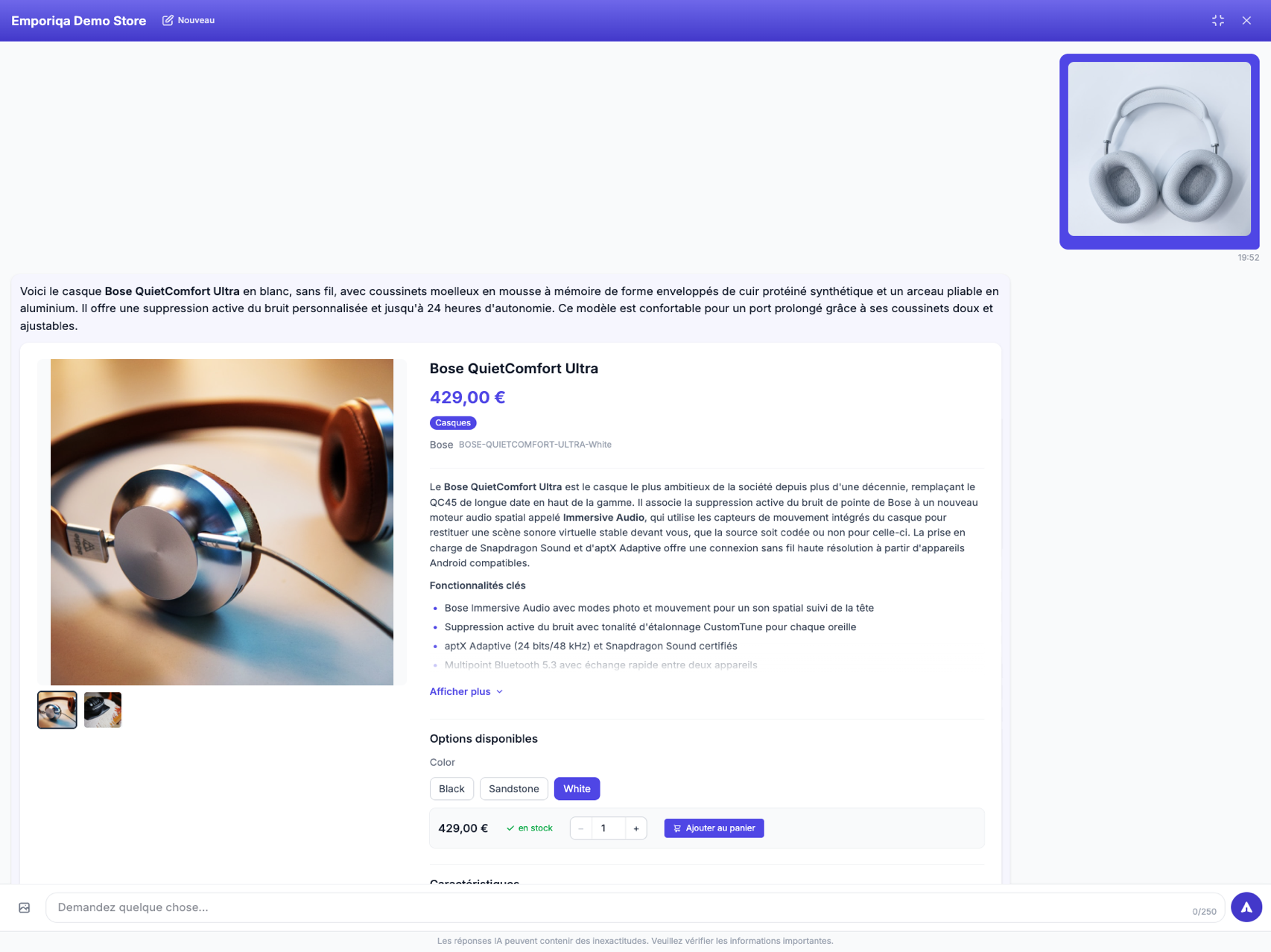 Capture d'écran de la démo: À partir d'une photo sans texte, il identifie le casque correspondant dans le catalogue, jusqu'à la couleur. Téléchargez une photo …