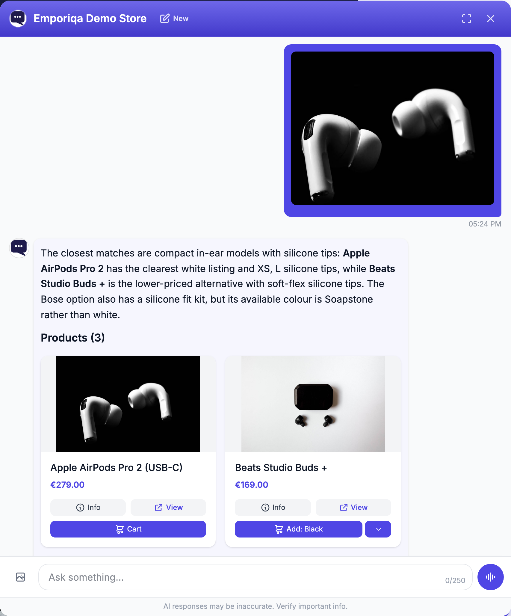 Screenshot from the demo: From a photo with no text, it found the matching earbuds and a cheaper pair, and said why a third …