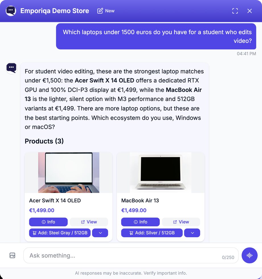 Emporiqa chat widget on the Emporiqa Demo Store. The shopper asks "Which laptops under 1500 euros do you have for a student who edits video?" The assistant answers that the strongest matches under €1,500 are the Acer Swift X 14 OLED, with a dedicated RTX GPU and a 100% DCI-P3 display at €1,499, and the MacBook Air 13, the lighter, silent option with M3 performance, then asks whether the shopper uses Windows or macOS. Under the heading Products (3) sit two product cards with photos: Acer Swift X 14 OLED at €1,499.00 with an Add: Steel Gray / 512GB button, and MacBook Air 13 at €1,499.00 with an Add: Silver / 512GB button.