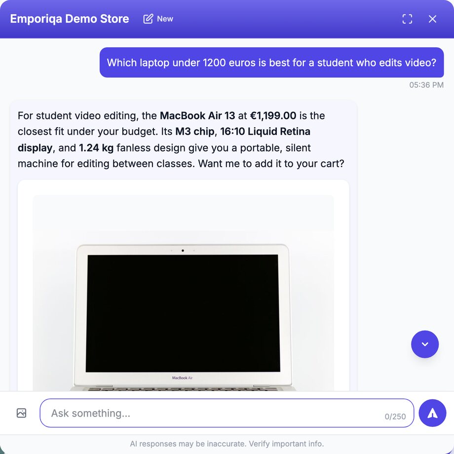 Emporiqa chat widget on the Emporiqa Demo Store. The shopper asks "Which laptop under 1200 euros is best for a student who edits video?" The assistant replies that for student video editing the MacBook Air 13 at €1,199.00 is the closest fit under budget, pointing to its M3 chip, 16:10 Liquid Retina display, and 1.24 kg fanless design for editing between classes, then asks whether to add it to the cart. A product card with a photo of the laptop, labelled MacBook Air, sits under the reply.