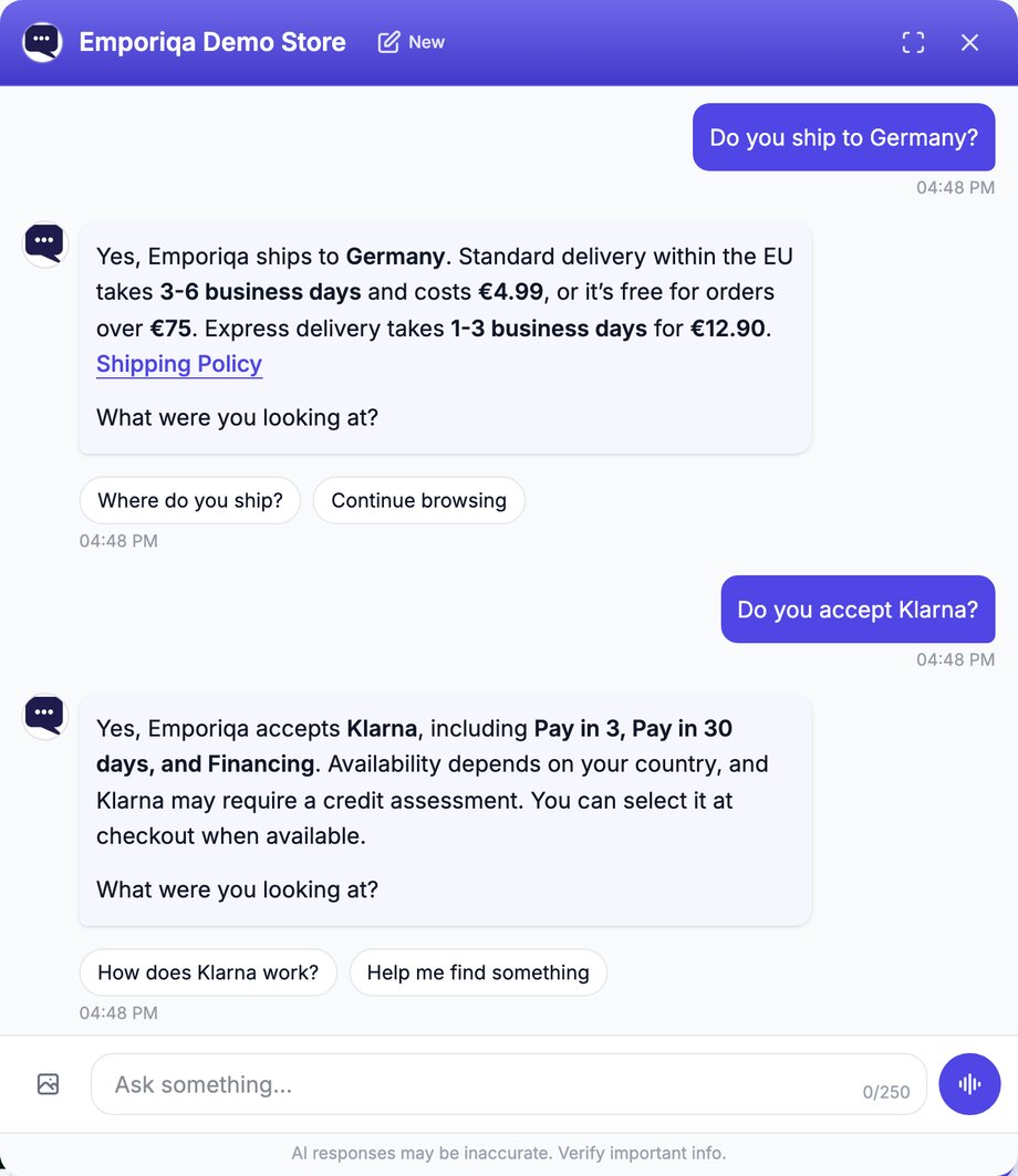 Emporiqa chat widget on the Emporiqa Demo Store. The shopper asks "Do you ship to Germany?" The assistant answers yes: standard delivery within the EU takes 3-6 business days and costs €4.99, free over €75, and express takes 1-3 business days for €12.90, with a link to the Shipping Policy. The shopper then asks "Do you accept Klarna?" The assistant answers that Klarna is accepted, including Pay in 3, Pay in 30 days and Financing, that availability depends on the country and Klarna may require a credit assessment, and that it can be selected at checkout. Each answer carries two suggestions.