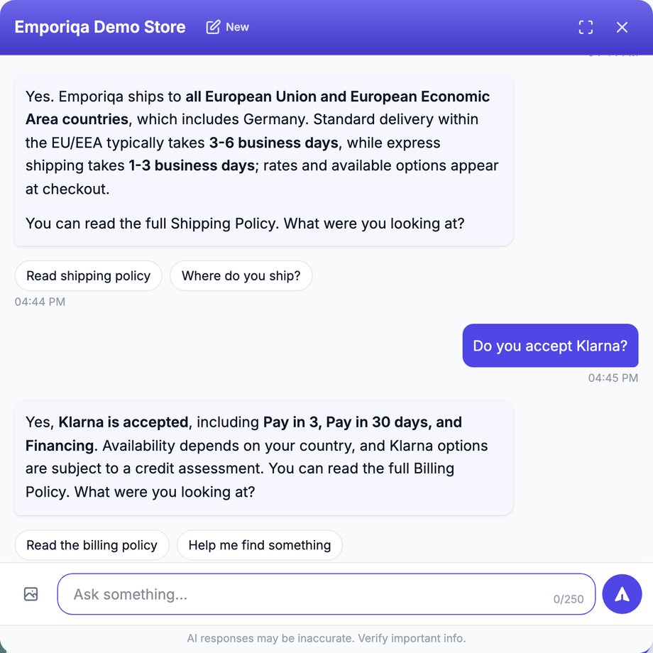 Emporiqa chat widget on the Emporiqa Demo Store. The tail of an earlier answer says Emporiqa ships to all European Union and European Economic Area countries, including Germany, with standard delivery in 3-6 business days and express in 1-3 business days, and points to the store's Shipping Policy, above two suggestions, Read shipping policy and Where do you ship? The shopper then asks "Do you accept Klarna?" The assistant answers that Klarna is accepted, including Pay in 3, Pay in 30 days, and Financing, subject to country availability and a credit assessment, and points to the store's Billing Policy. Two suggestions follow, Read the billing policy and Help me find something.