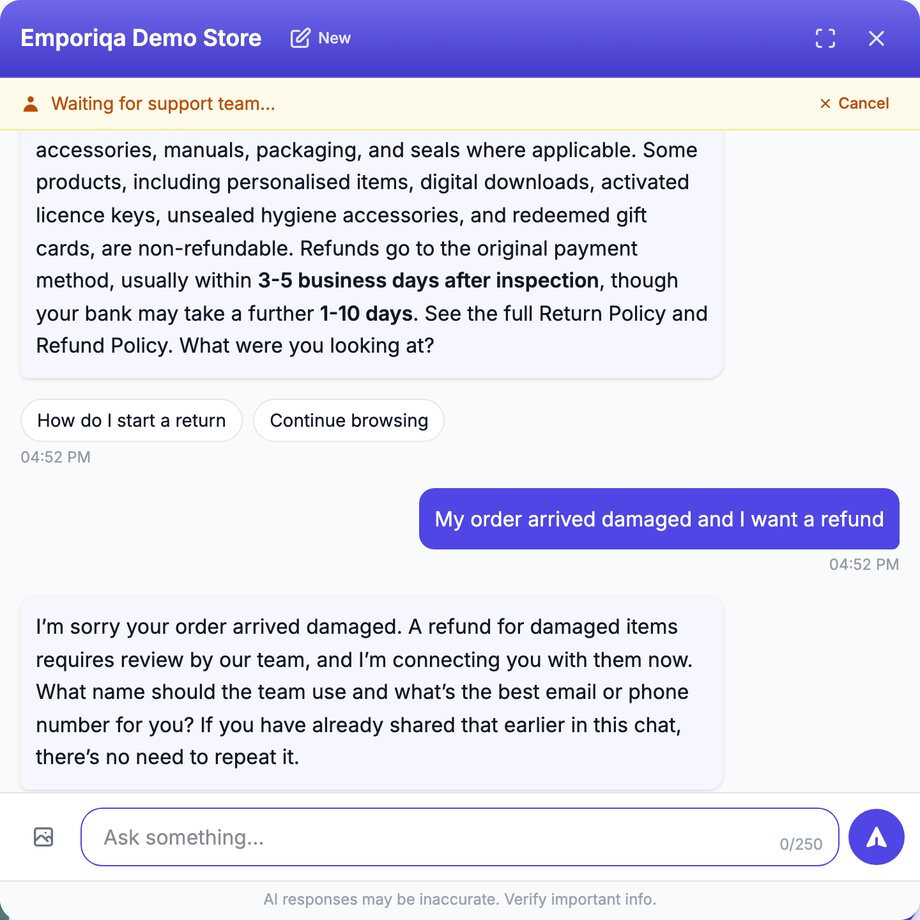 Emporiqa chat widget on the Emporiqa Demo Store with a yellow banner across the top reading "Waiting for support team..." and a Cancel button. The tail of an earlier answer about return conditions covers items that are non-refundable, such as personalised items, digital downloads, and activated licence keys, refunds to the original payment method within 3-5 business days after inspection, and points to the store's Return Policy and Refund Policy, above two suggestions, How do I start a return and Continue browsing. The shopper then writes "My order arrived damaged and I want a refund". The assistant apologises, says a refund for damaged items needs the team's review and it is connecting the shopper now, then asks for a name and the best email or phone number, noting there is no need to repeat anything already shared.