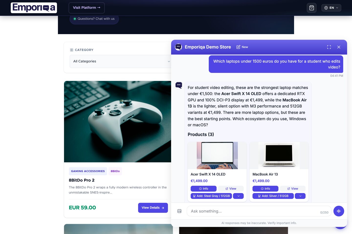 The Emporiqa chat open on the Emporiqa Demo Store storefront. Behind it the page shows a Questions? Chat with us button, a Category filter set to All Categories, and a product card for the 8BitDo Pro 2 controller at EUR 59.00 with a View Details button. The chat sits on the right as a panel, not a full-screen takeover. In it the shopper asks "Which laptops under 1500 euros do you have for a student who edits video?" and the assistant names the Acer Swift X 14 OLED and the MacBook Air 13, both at €1,499, then asks Windows or macOS. Under the heading Products (3) sit two product cards with photos, prices and add-to-cart buttons.